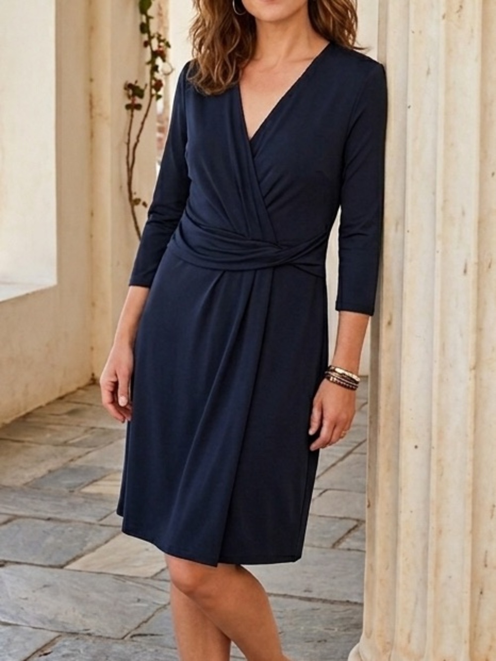 Talbots Faux Wrap Surplice Knit Navy Blue Jersey Office Evening Travel Dress M
